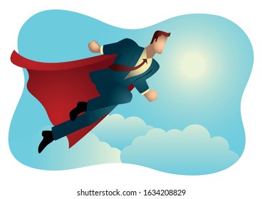 Business concept illustration of super businessman flying on clouds, super worker, success concept