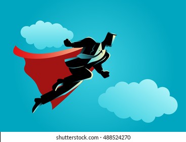 Business concept illustration of super businessman flying on clouds, super worker, success concept