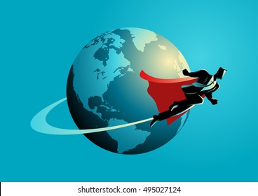 Business concept illustration of a super businessman flying around the world, going global, go international concept