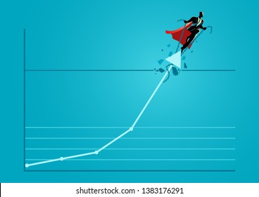 Business concept illustration of a superhero businessman taking the graphic chart up through the roof, business idiom