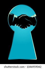 Business concept illustration of two businessmen shaking hands seen through a keyhole, business idiom for backroom deal svg