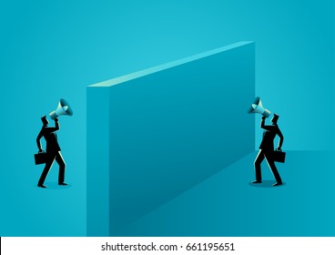 Business concept illustration of two businessmen shouting each other with megaphone separated by wall