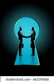 Business concept illustration of two businessmen shaking hands seen through a keyhole, business idiom for backroom deal svg