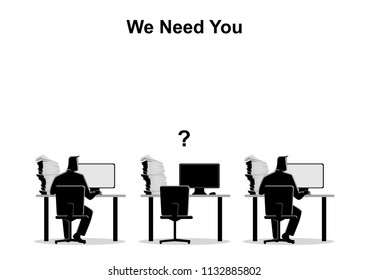 Business concept illustration of two people working on the computers with one empty desk. Job vacancy, new recruitment, trainee, occupation, job search theme