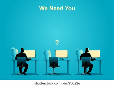 Business concept illustration of two people working on the computers with one empty desk. Job vacancy, new recruitment, trainee, occupation, job search theme