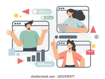 business concept illustration Vector illustration of a communication scene with men and women participating in business activities, online meetings, online classes.