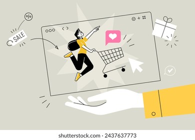 Business concept illustration. Vector illustration of e-commerce, online shopping, sale. Creative concept for web banner, social media banner, business presentation, marketing material. 