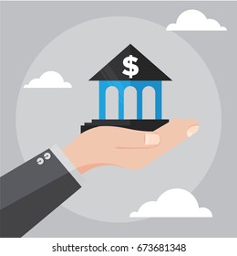 Business Concept  Illustration Vector Graphic of Hand Holding Banking Building 