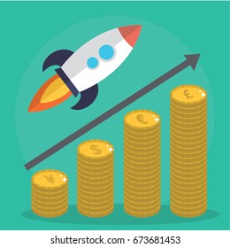 Business Concept  Illustration Vector Graphic of Rocket Flying Up on Coins Growth Chart