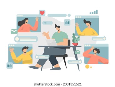 business concept illustration Vector image of a communication scene with men and women participating in business activities.