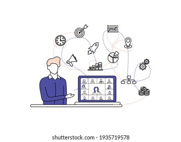 Business concept illustration. Video conferencing, remote work. Discussion of business issues via video communication. Illustration for marketing, finance, targeting, marketing, management, strategy. 