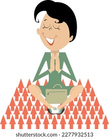 Business concept illustration. Business woman, arrow symbols.
Business woman with eyes closed prayer or meditation sitting as yoga on the sharp arrow symbols
