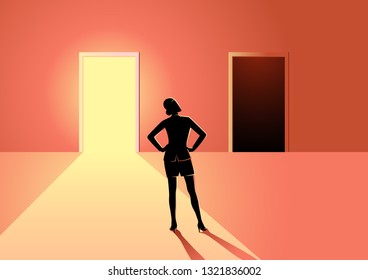 Business concept illustration of a woman in doubt, having to choose between bright or dark door