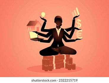 Business concept illustration of a business woman with multiple hands holding financial symbols, financial guru or expert, investment planning concept