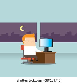 Business concept illustration of a worker having an overtime work until night