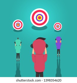 Business concept illustration. Young characters holding a binocular looking go to target.Flat cartoon dsign