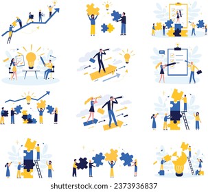 Business Concept illustrations. Big set. Collection of team building scenes. The concept of career development, business, teamwork, teamwork, common goal. Template for landing page, infographic.
