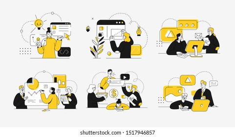 Business concept illustrations. Collection of scenes at office with men and women taking part in business activity. Outline vector illustration.