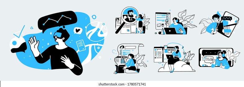 Business Concept illustrations. Collection of scenes with men and women taking part in business activities. Trendy vector style.