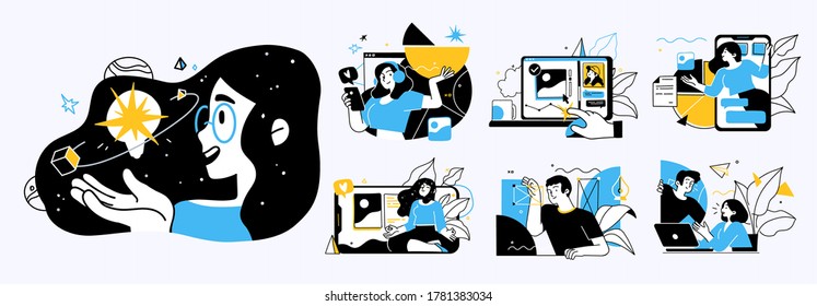 Business Concept illustrations. Collection of scenes with men and women taking part in business activities. Trendy vector style.