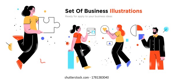 Business Concept illustrations. Collection of scenes with men and women taking part in business activities. Trendy vector style.