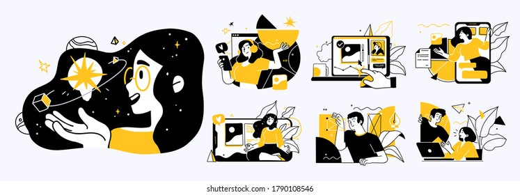 Business Concept illustrations. Collection of scenes with men and women taking part in business activities. Trendy vector style.