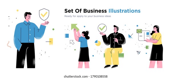 Business Concept illustrations. Collection of scenes with men and women taking part in business activities. Trendy vector style.