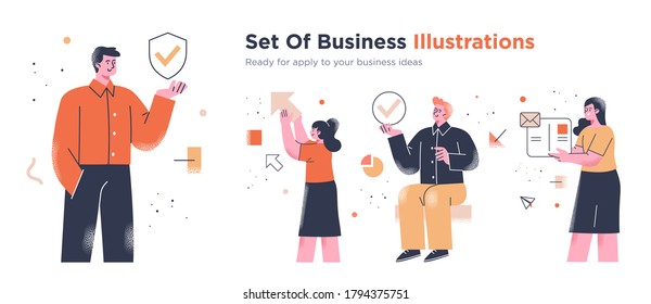 Business Concept illustrations. Collection of scenes with men and women taking part in business activities. Trendy vector style.