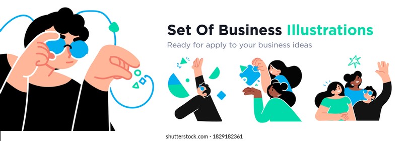 Business Concept illustrations. Collection of scenes with men and women taking part in business activities. Trendy vector style.