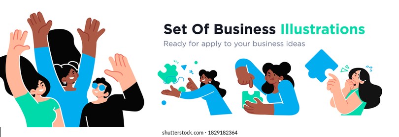 Ilustraciones de Business Concept. Colección de escenas con hombres y mujeres participando en actividades empresariales. Estilo vectorial de moda.