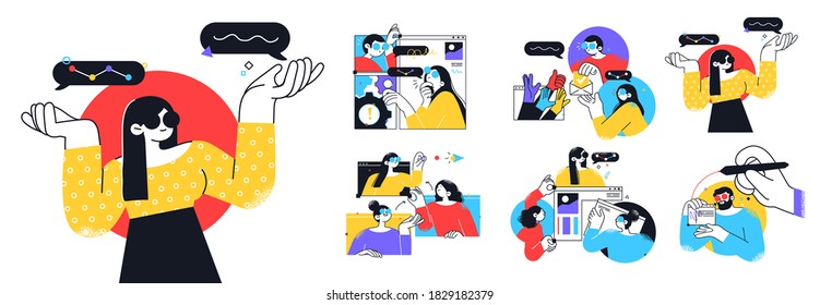 Business Concept illustrations. Collection of scenes with men and women taking part in business activities. Trendy vector style.