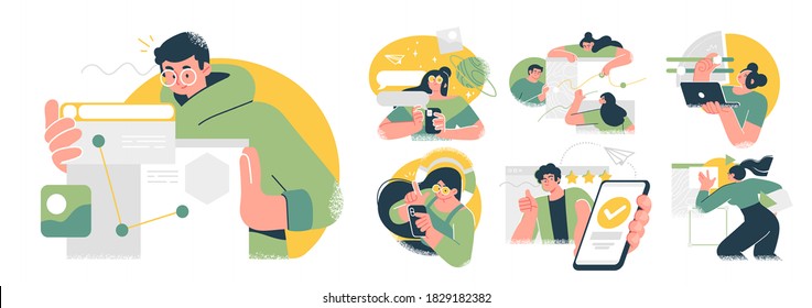 Business Concept illustrations. Collection of scenes with men and women taking part in business activities. Trendy vector style.