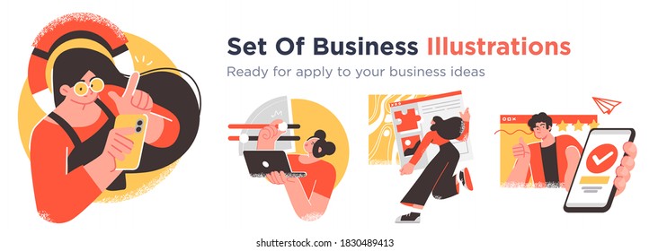 Business Concept illustrations. Collection of scenes with men and women taking part in business activities. Trendy vector style.