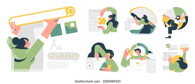 Ilustraciones de Business Concept. Colección de escenas con hombres y mujeres participando en actividades empresariales. Estilo vectorial de moda.