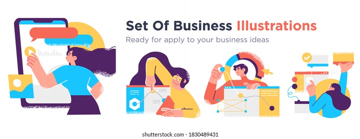 Business Concept illustrations. Collection of scenes with men and women taking part in business activities. Trendy vector style.