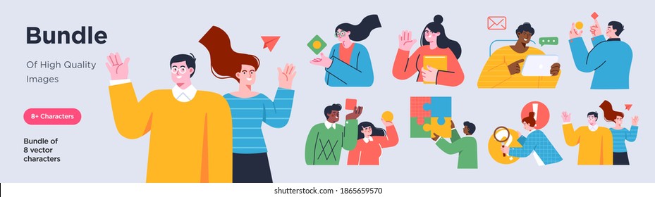 Business Concept illustrations. Collection of scenes with men and women taking part in business activities. Trendy vector style.