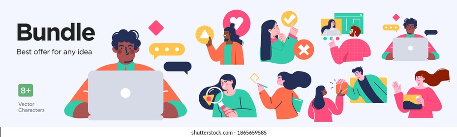 Business Concept illustrations. Collection of scenes with men and women taking part in business activities. Trendy vector style.