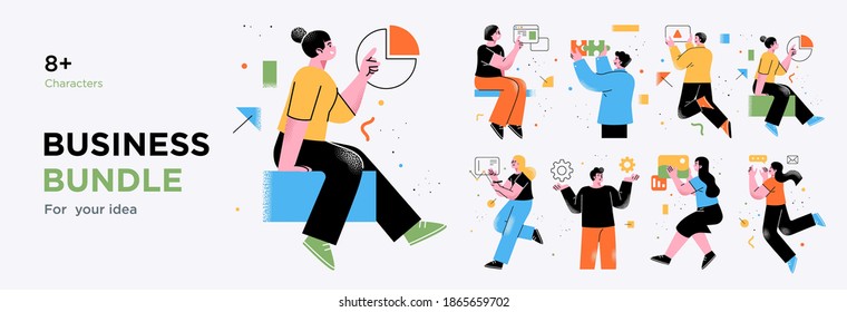 Business Concept illustrations. Collection of scenes with men and women taking part in business activities. Trendy vector style.