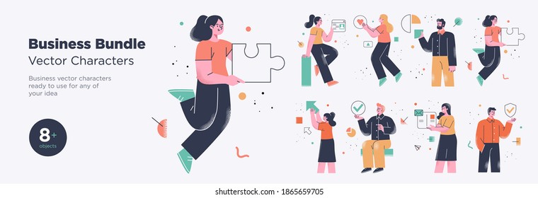 Business Concept illustrations. Collection of scenes with men and women taking part in business activities. Trendy vector style.