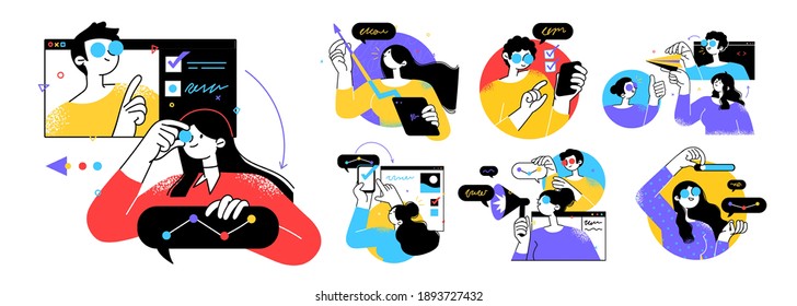 Business Concept illustrations. Collection of scenes with men and women taking part in business activities. Trendy vector style.