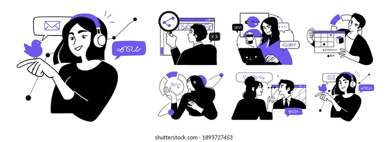 Business Concept illustrations. Collection of scenes with men and women taking part in business activities. Trendy vector style.