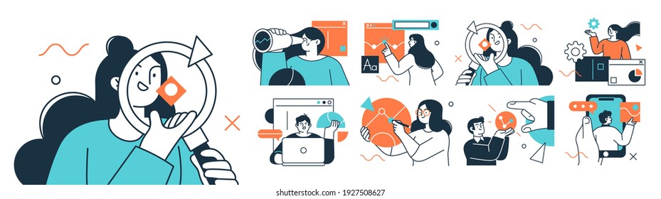 Business Concept illustrations. Collection of scenes with men and women taking part in business activities. Trendy vector style.