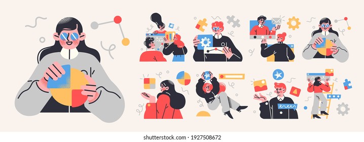 Business Concept illustrations. Collection of scenes with men and women taking part in business activities. Trendy vector style.