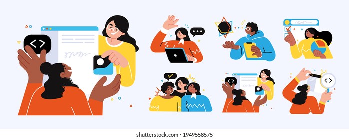 Business Concept illustrations. Collection of scenes with men and women taking part in business activities. Trendy vector style.