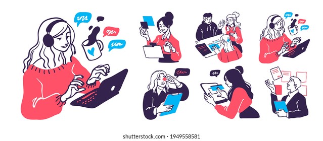 Business Concept illustrations. Collection of scenes with men and women taking part in business activities. Trendy vector style.