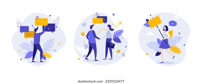 Ilustraciones de Business Concept. Colección de escenas con hombres y mujeres participando en actividades empresariales y comunicaciones. Ilustración del vector
