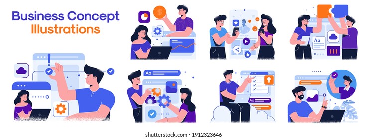 Business Concept illustrations. Collection of business situations with men and women taking part in business activities. Modern trendy concepts for web sites and mobile web sites. Vector illustration