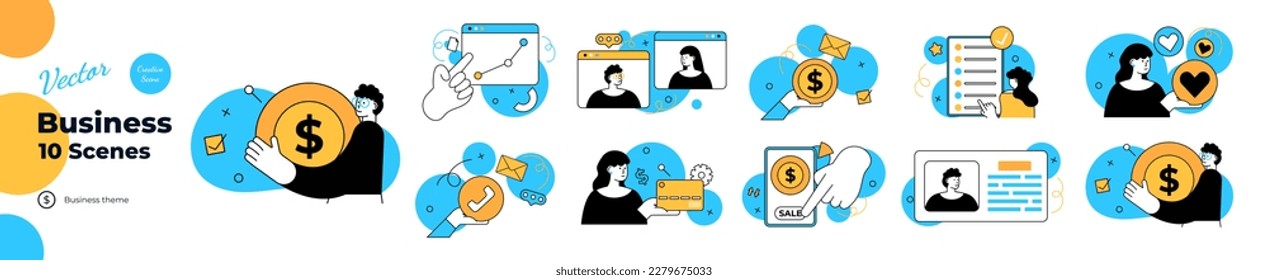 Business Concept illustrations. Different business financial scene. Mega set. Collection of scenes with men and women taking part in business activities. Vector illustration