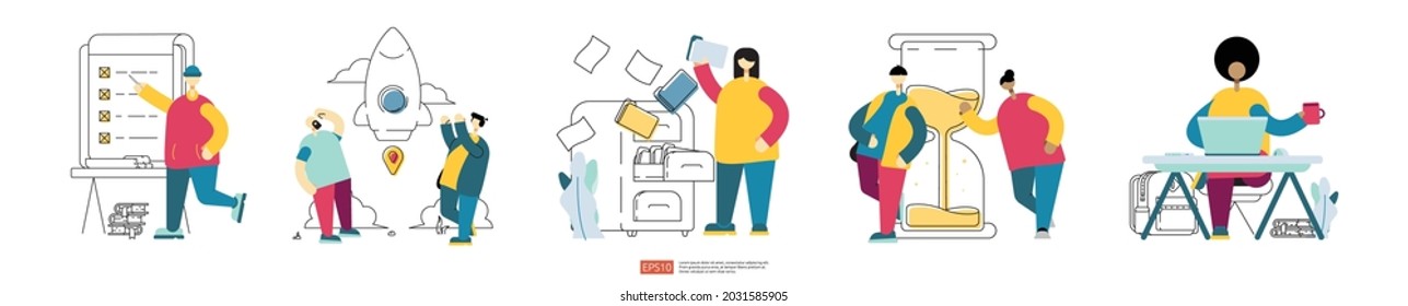 Business concept illustrations for marketing, Startup, discussion, investment, planning, freelance. business activity on office set collection with outline vector style