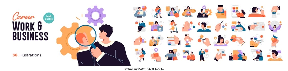 Business Concept illustrations. Mega set. Collection of scenes with men and women taking part in business activities. Vector illustration